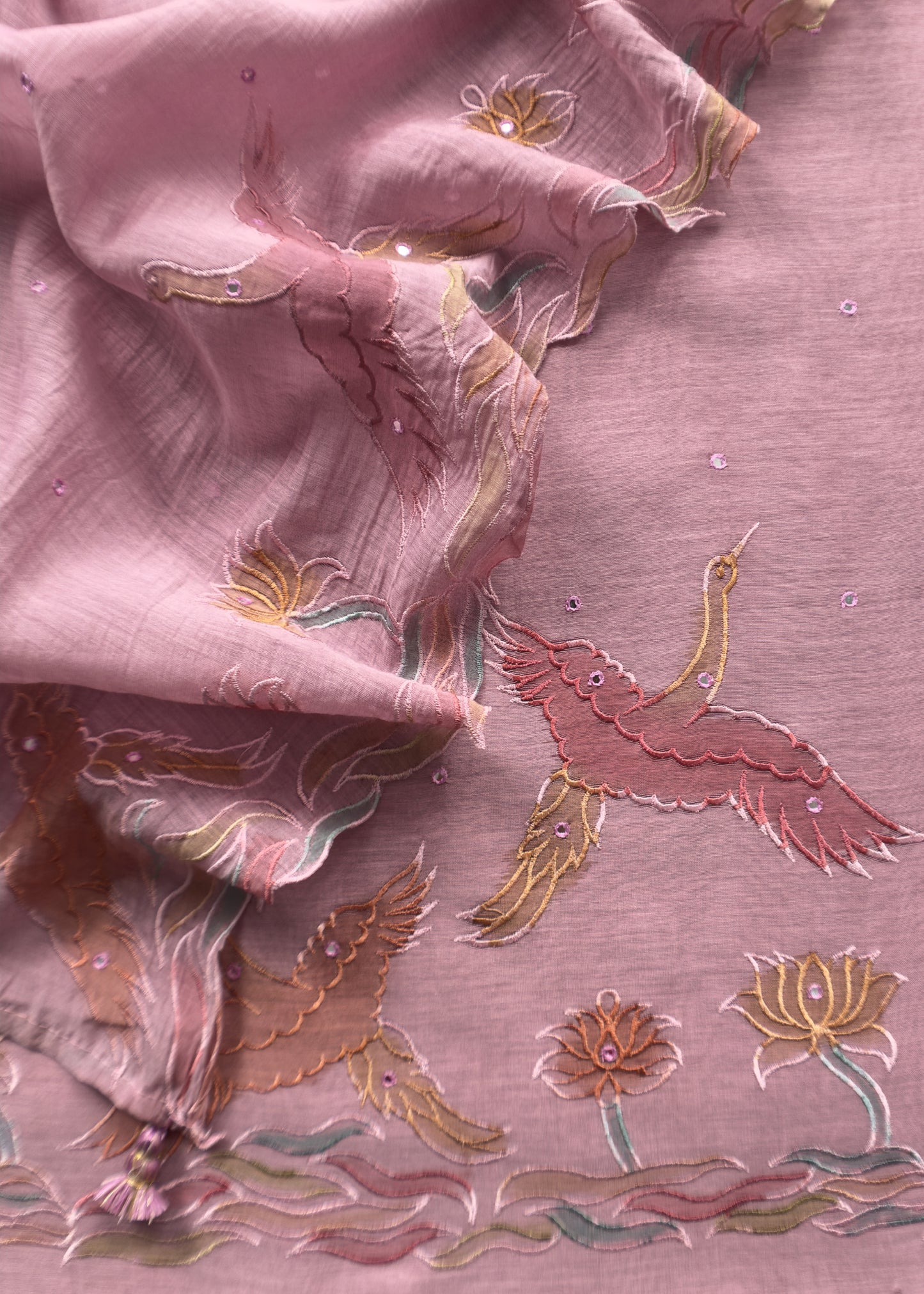 Lavender Pink Pure Mul Chanderi Unstitched Suit With Hand Brushed Embroidery