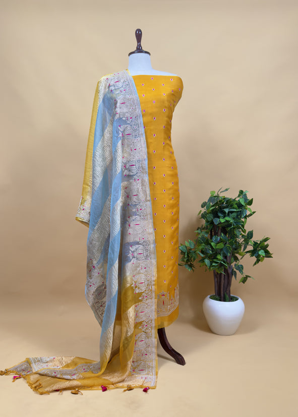 Royal Blue and Green Tyohar luxe Mor Pure Kora Silk Kurta with Double Panel Crushed Tissue Dupatta