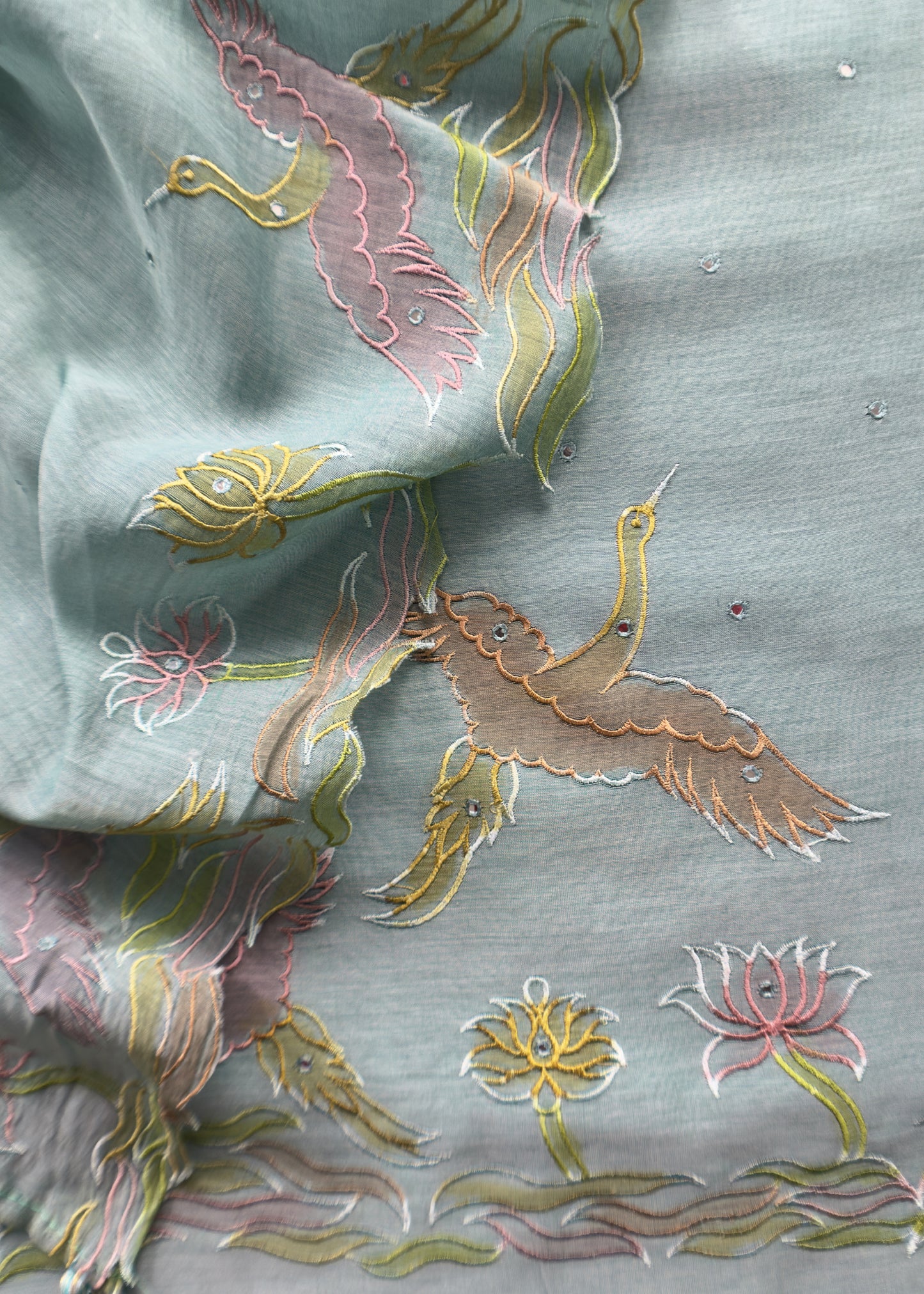 Powder Blue Pure Mul Chanderi Unstitched Suit With Hand Brushed Embroidery