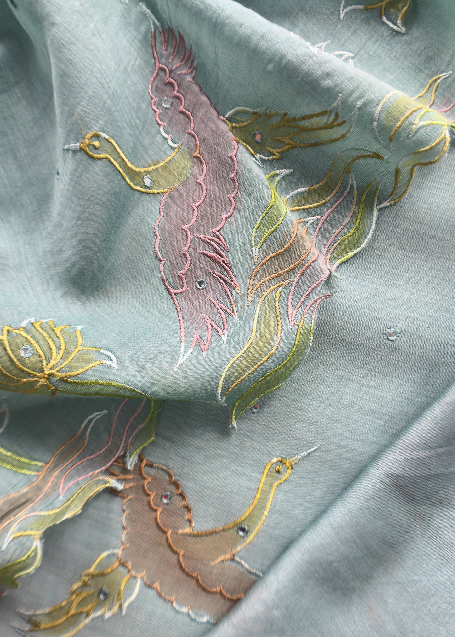 Powder Blue Pure Mul Chanderi Unstitched Suit With Hand Brushed Embroidery