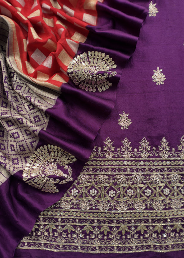 Luxe Royal Purple And Red Handloom Silk Suit With Banarasi Checks And Dabka Dori Handwork