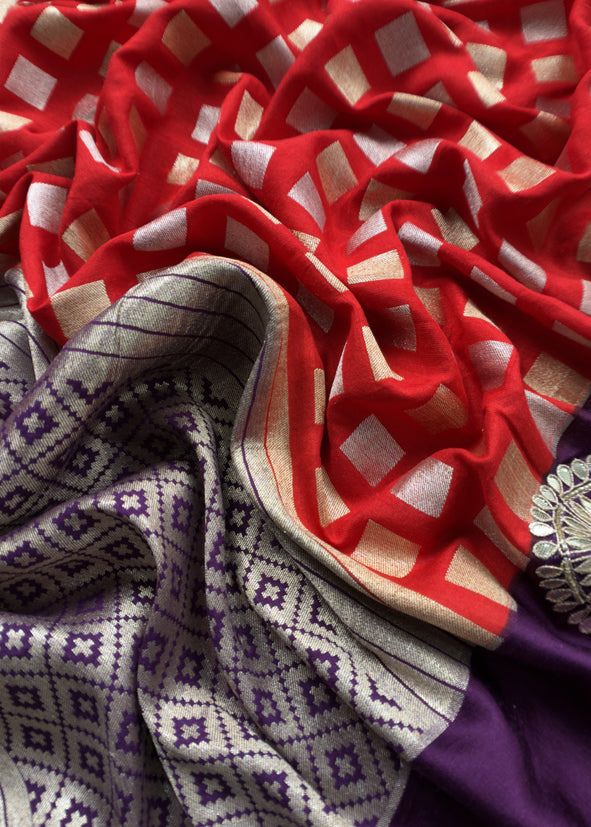 Luxe Royal Purple And Red Handloom Silk Suit With Banarasi Checks And Dabka Dori Handwork
