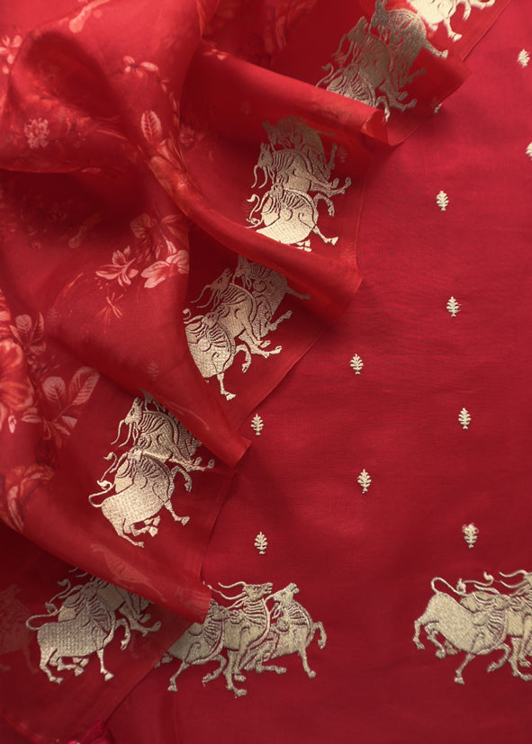 The Red Sikhagarh Handloom Organza Silk Suit With Floral Dupatta And Zari Embroidery