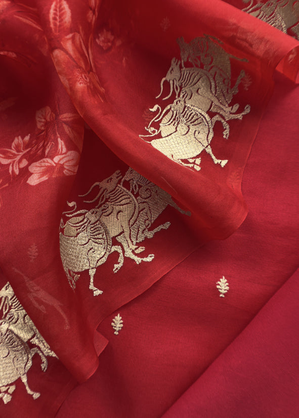 The Red Sikhagarh Handloom Organza Silk Suit With Floral Dupatta And Zari Embroidery