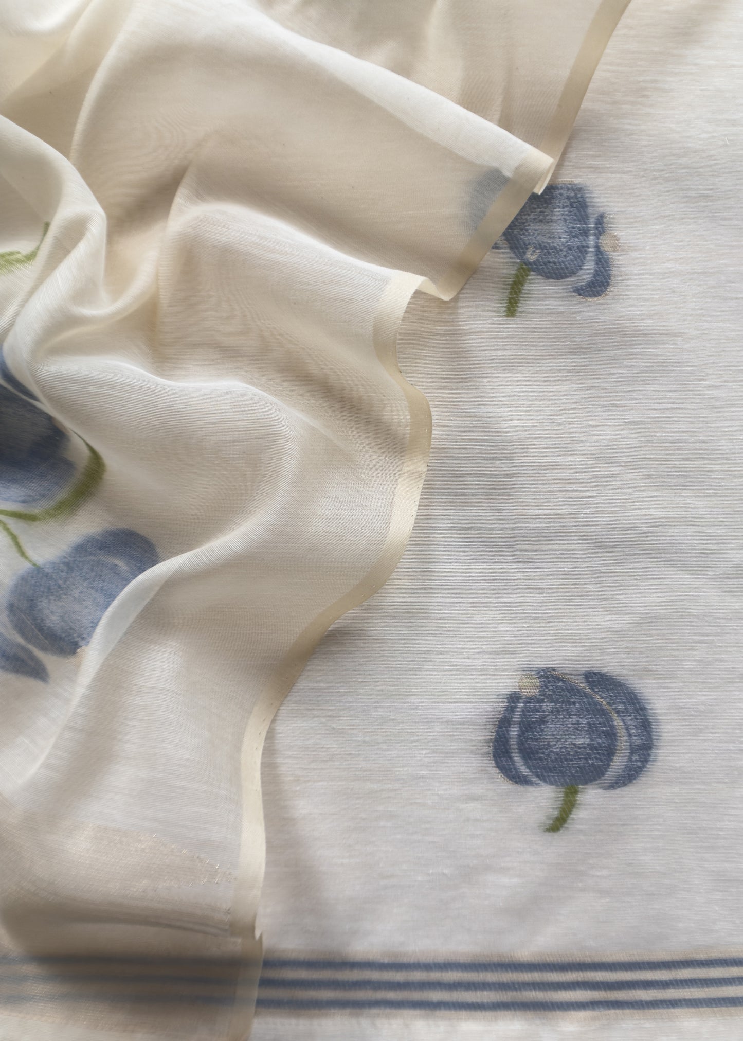 Off White Jamdani Suit With Blue Daffodil In Linen Chanderi Fabric