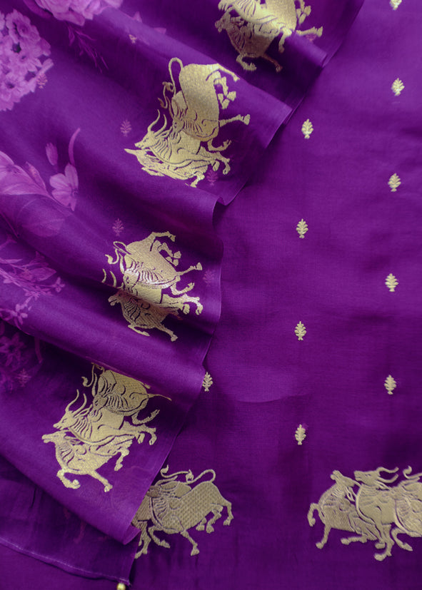 The Violet Affair Sikhagarh Handloom Organza Silk Suit With Floral Dupatta And Zari Embroidery