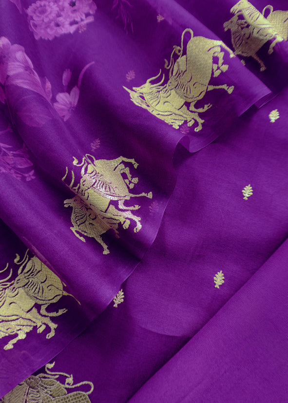 The Violet Affair Sikhagarh Handloom Organza Silk Suit With Floral Dupatta And Zari Embroidery