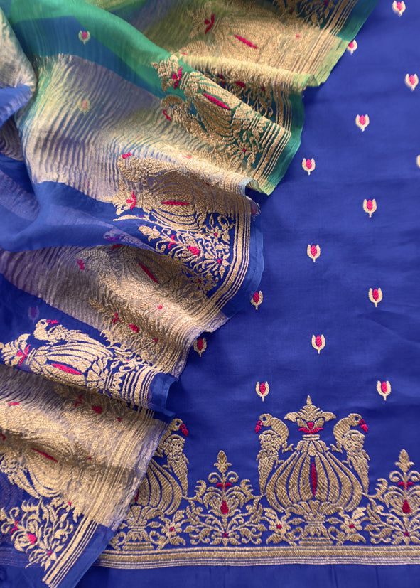 Royal Blue and Green Tyohar luxe Mor Pure Kora Silk Kurta with Double Panel Crushed Tissue Dupatta