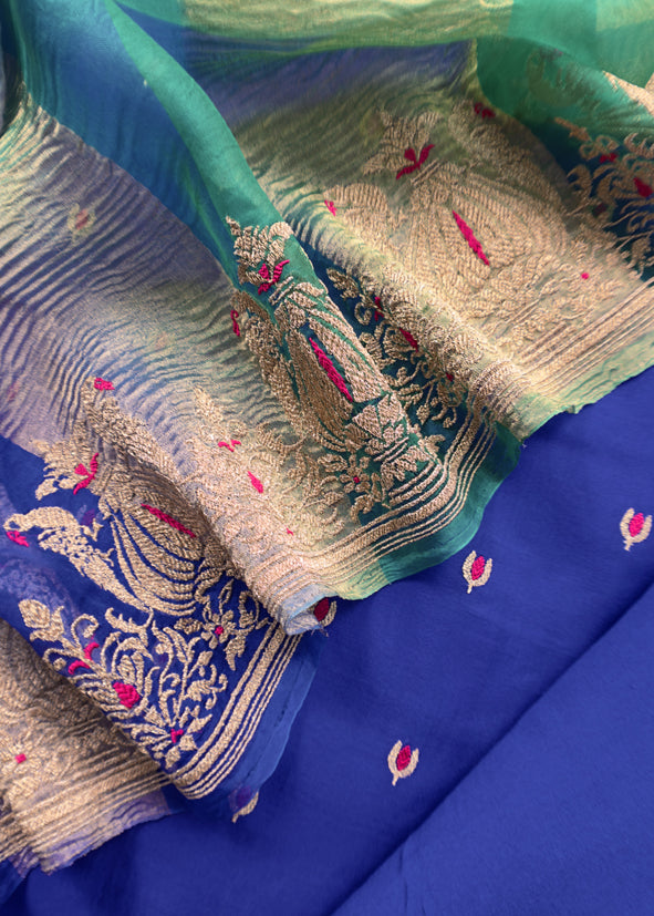 Royal Blue and Green Tyohar luxe Mor Pure Kora Silk Kurta with Double Panel Crushed Tissue Dupatta