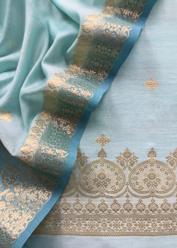 Sky Blue Pure Unstitched Banarasi Silk Suit With Dupatta