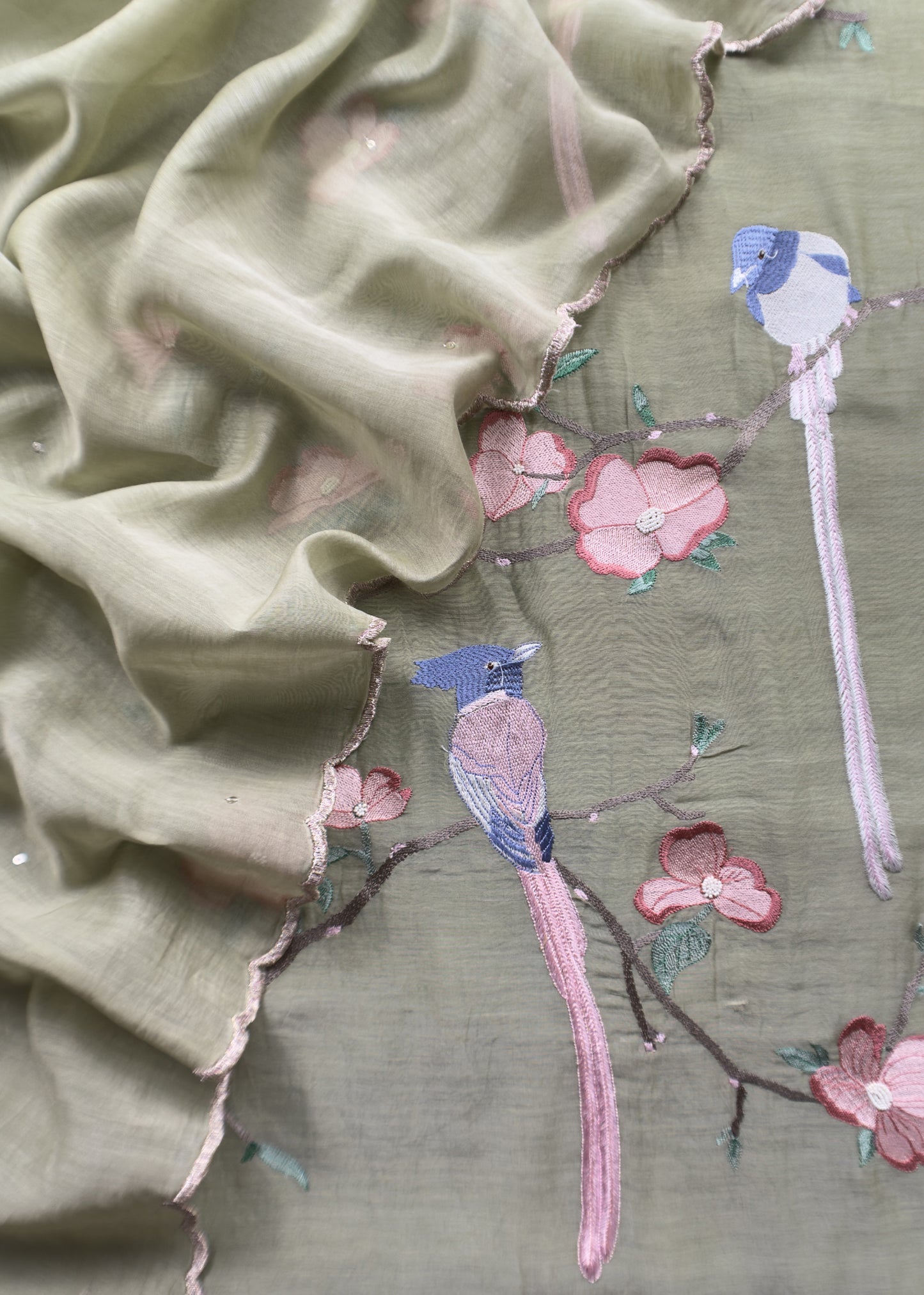 Green Pure Mul Parrot Suit With Resham Embroidery, Sequins And Pearls