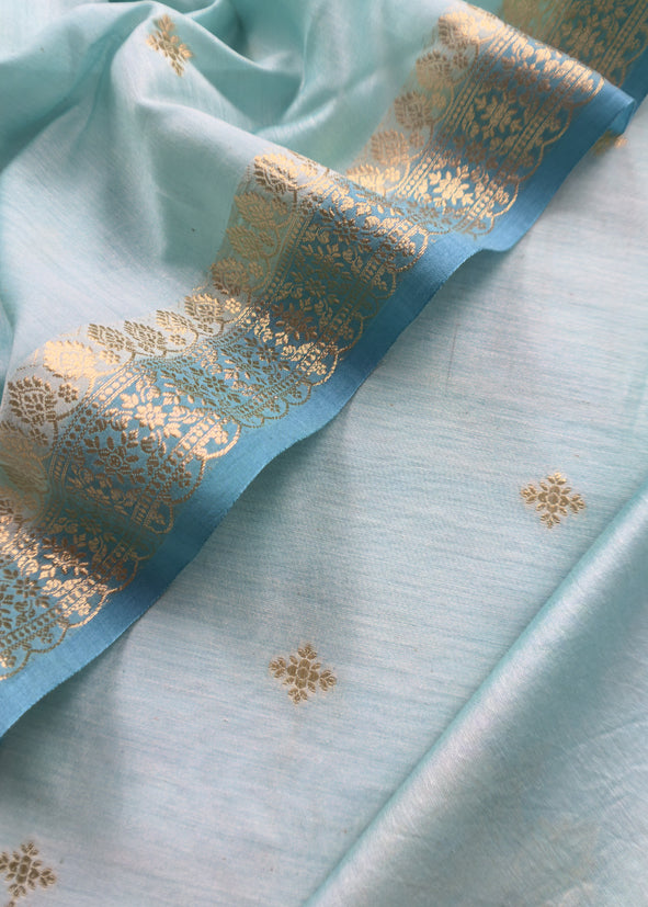Sky Blue Pure Unstitched Banarasi Silk Suit With Dupatta