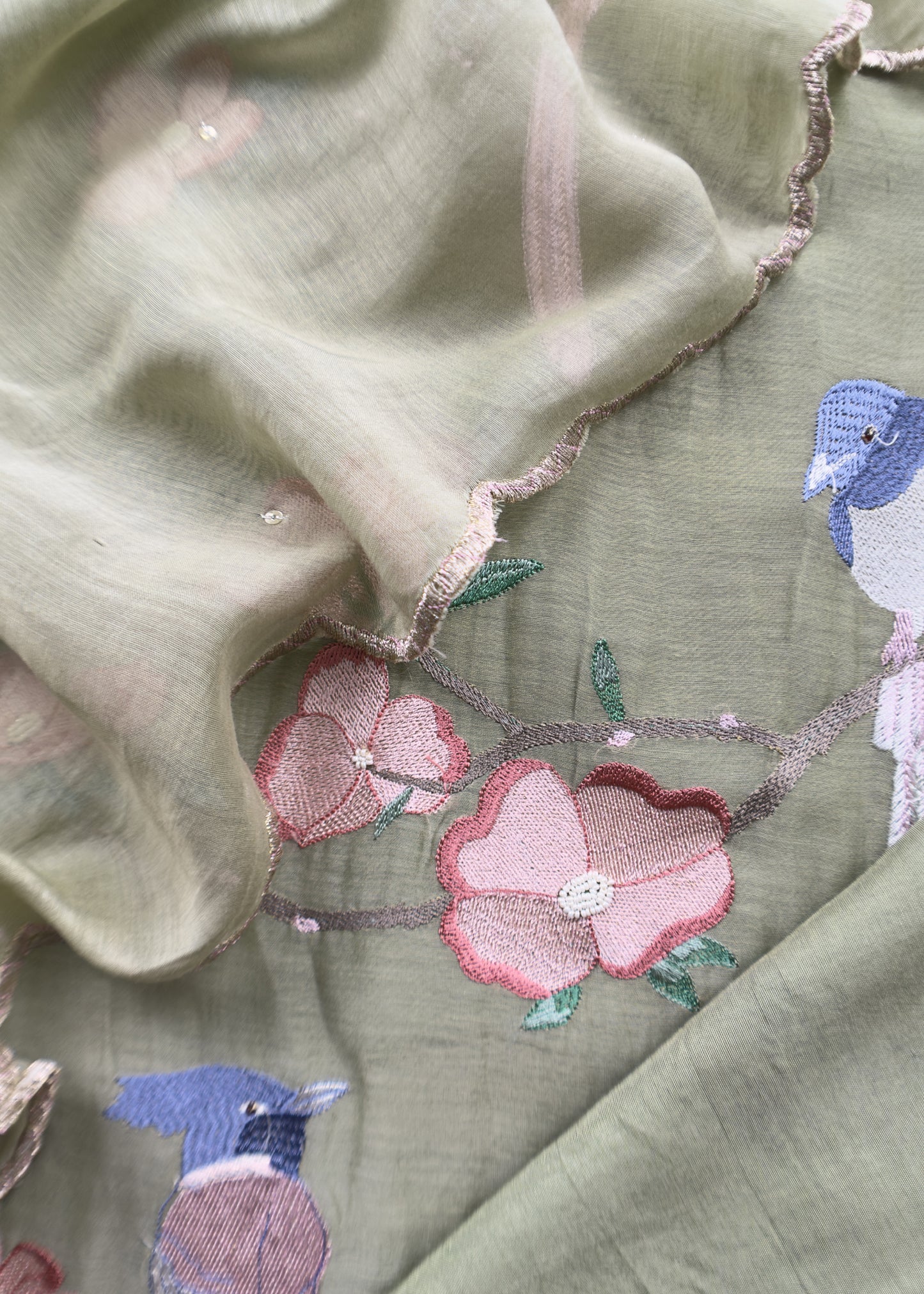 Green Pure Mul Parrot Suit With Resham Embroidery, Sequins And Pearls