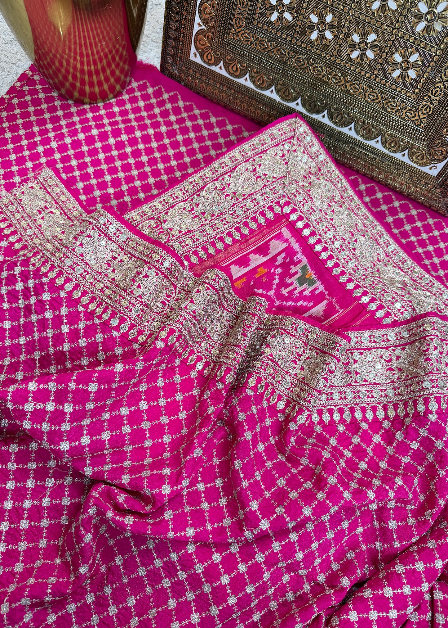 Pink With Blue Saree In Handloom Silk Adorned With Handwork Laces