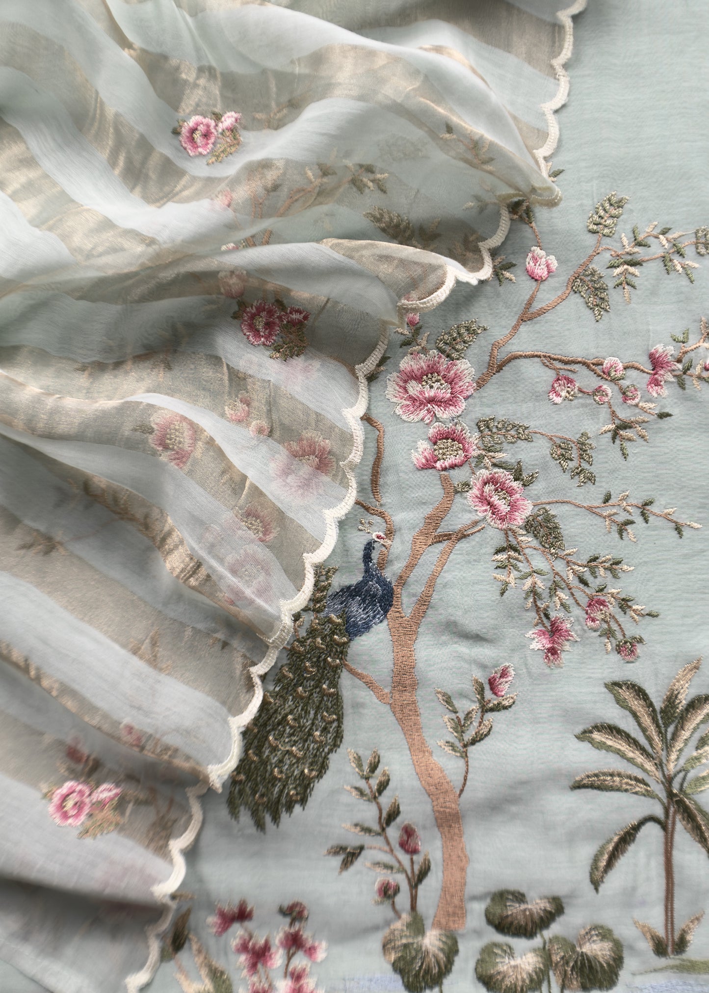 Light Blue Handloom Mul Suit With Peacock Resham Bharwa Embroidery