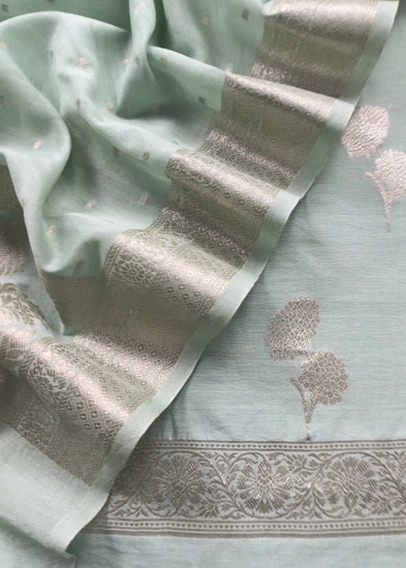 English Light Blue Pure Silk Suit with silver peonies weaving