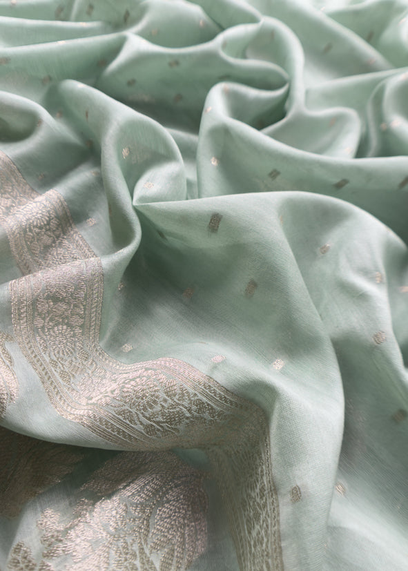 English Light Blue Pure Silk Suit with silver peonies weaving