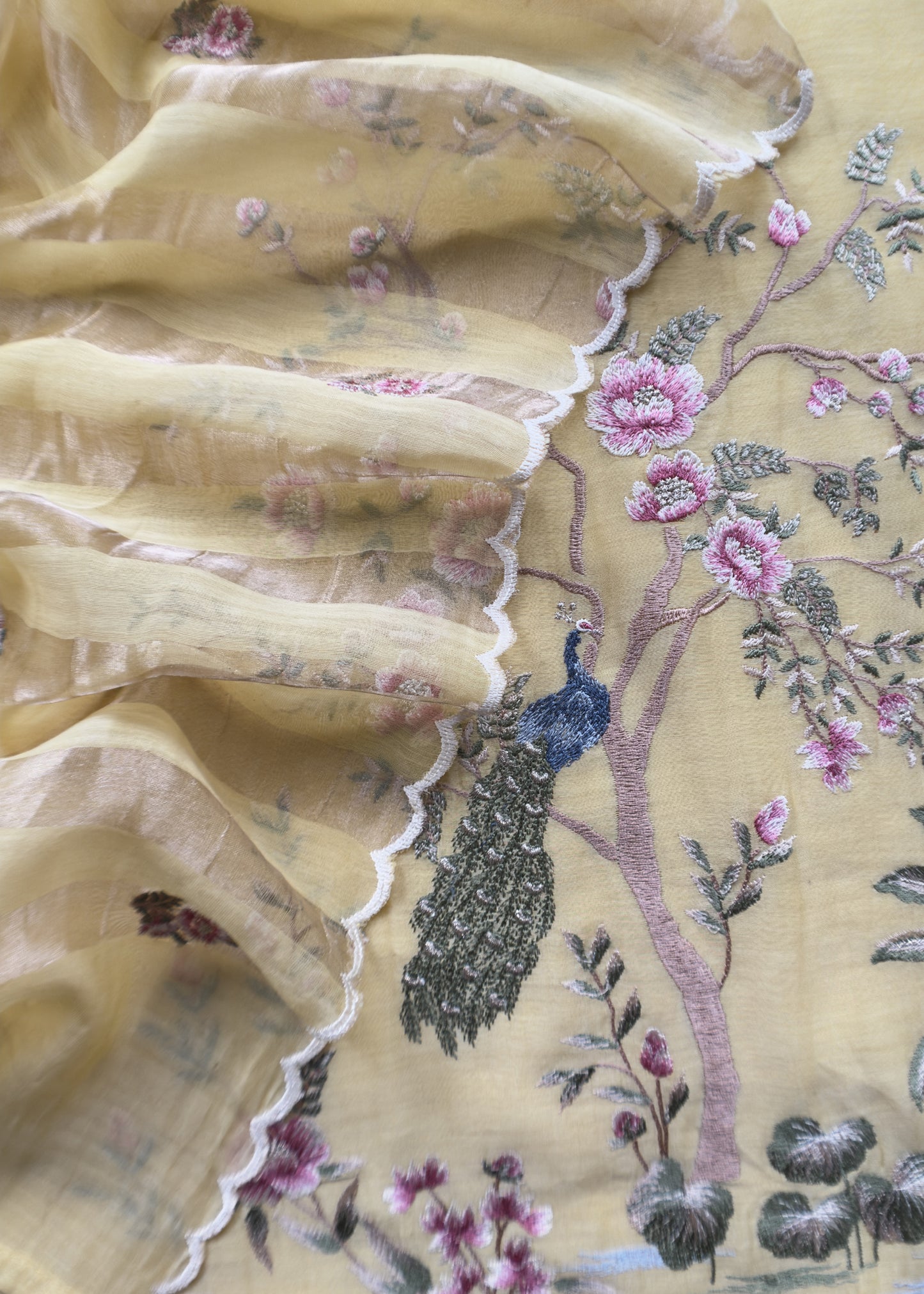 Pastel Yellow Handloom Mul Suit With Peacock Resham Bharwa Embroidery