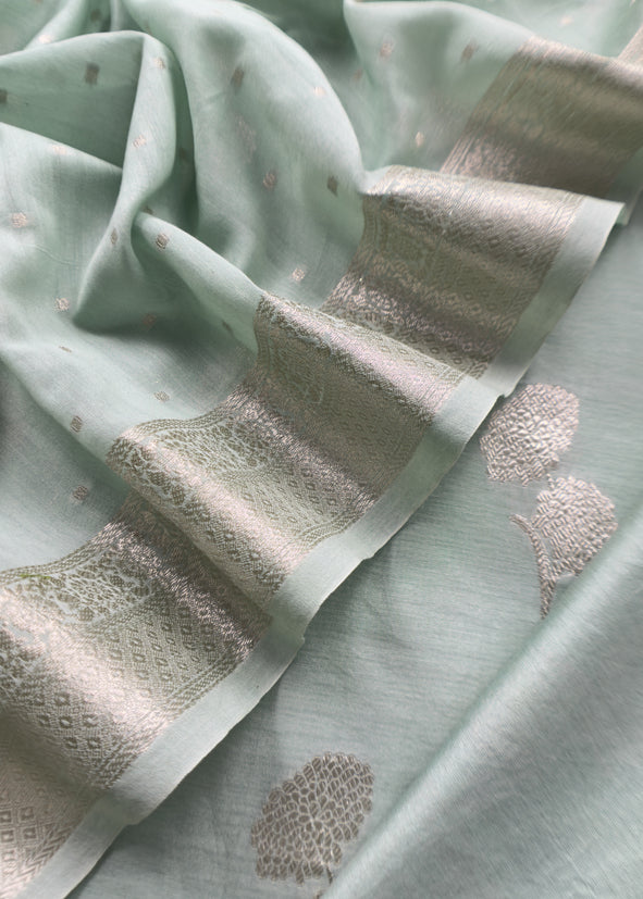 English Light Blue Pure Silk Suit with silver peonies weaving