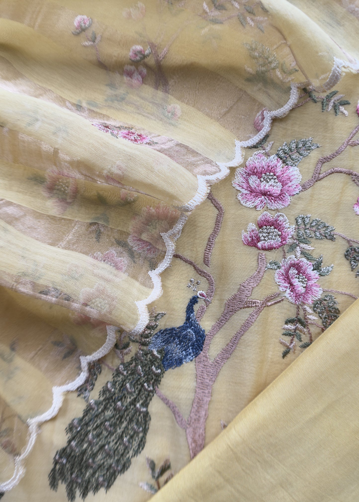 Pastel Yellow Handloom Mul Suit With Peacock Resham Bharwa Embroidery