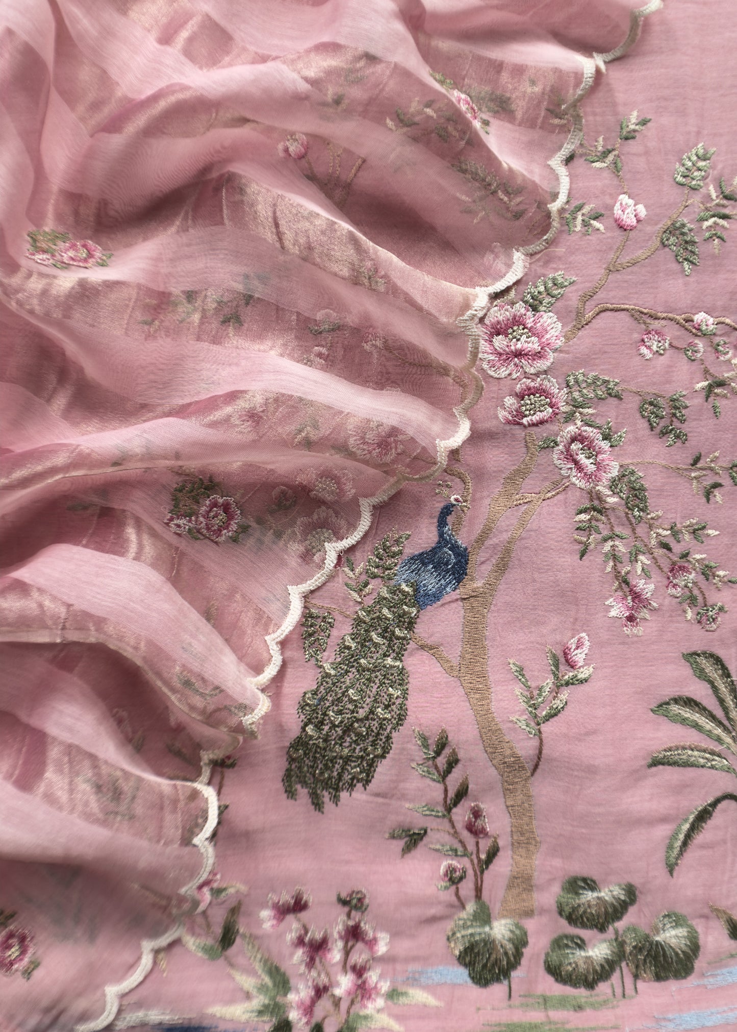 Pink Handloom Mul Suit With Peacock Resham Bharwa Embroidery