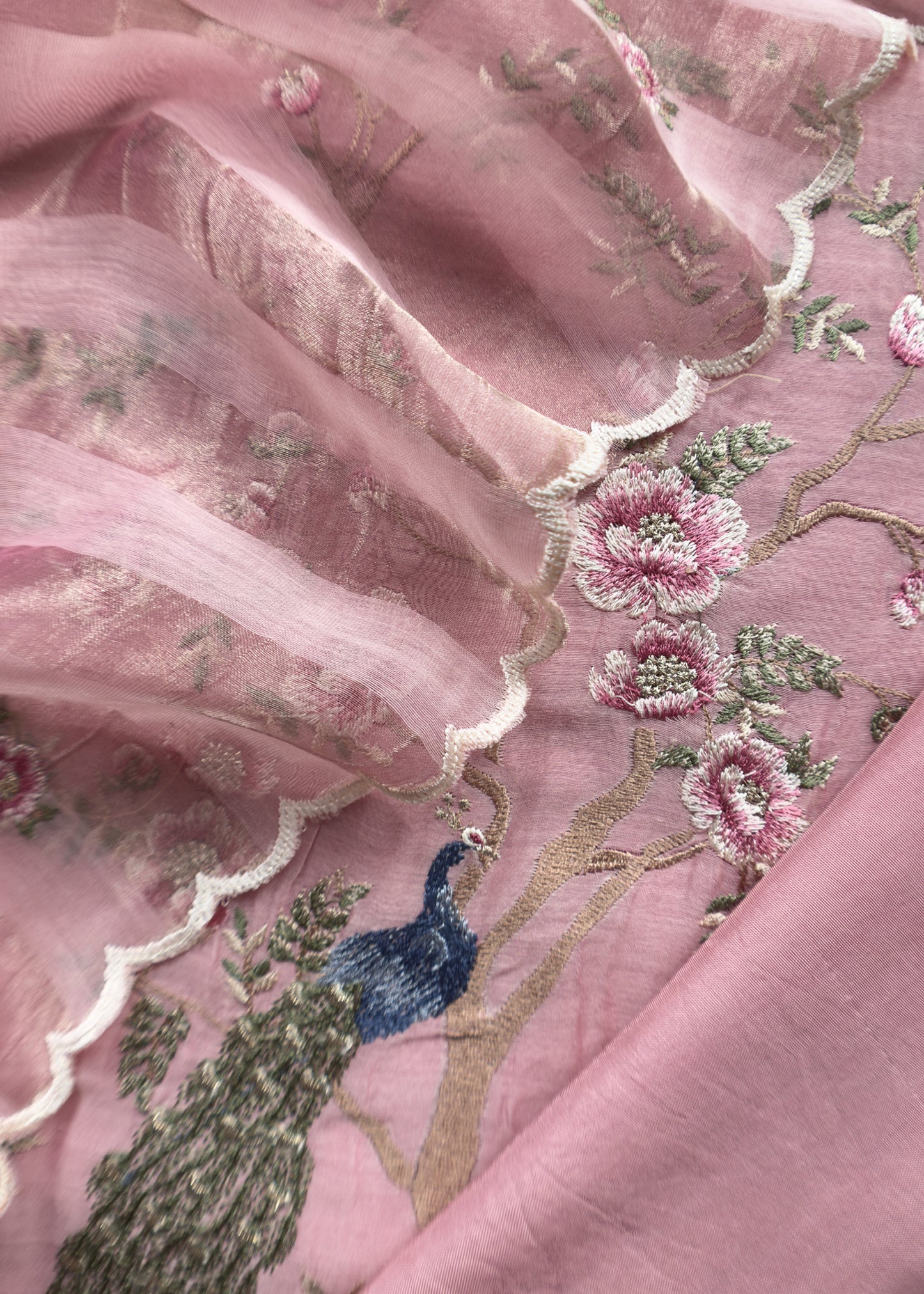 Pink Handloom Mul Suit With Peacock Resham Bharwa Embroidery