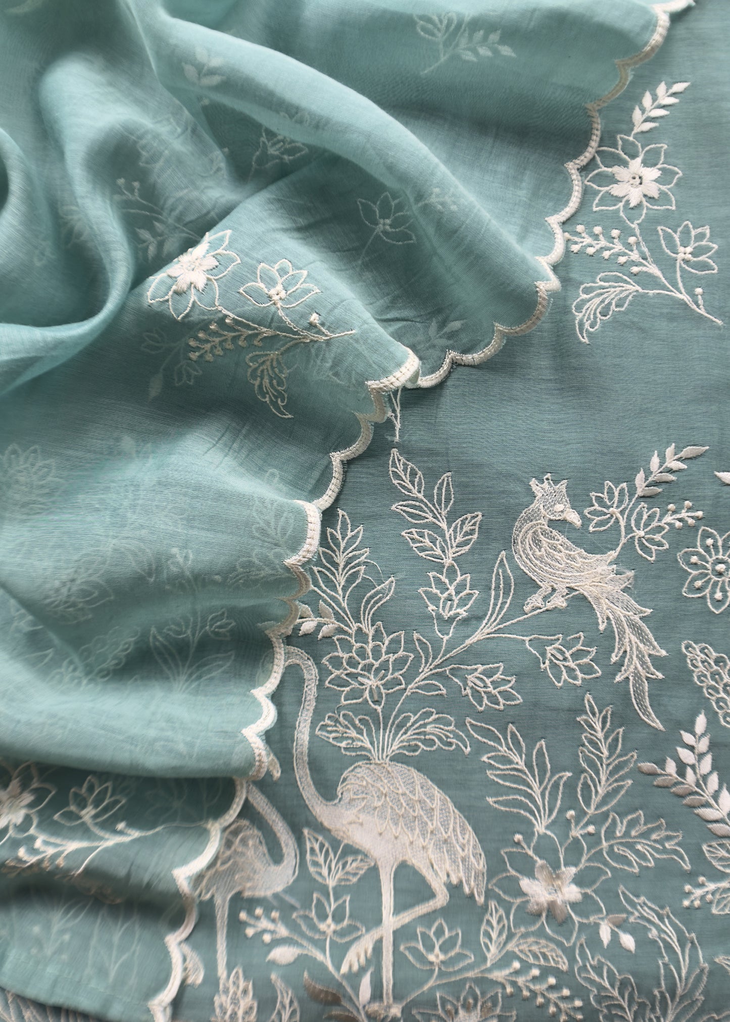 Basil Green Mul Chanderi Suit With Flamingo And Peacock Embroidery