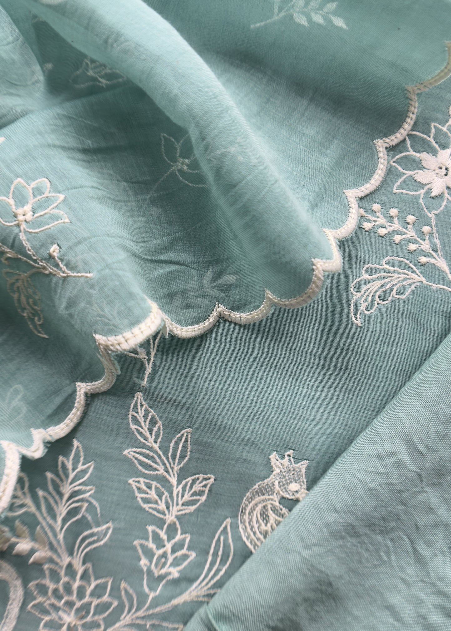 Basil Green Mul Chanderi Suit With Flamingo And Peacock Embroidery