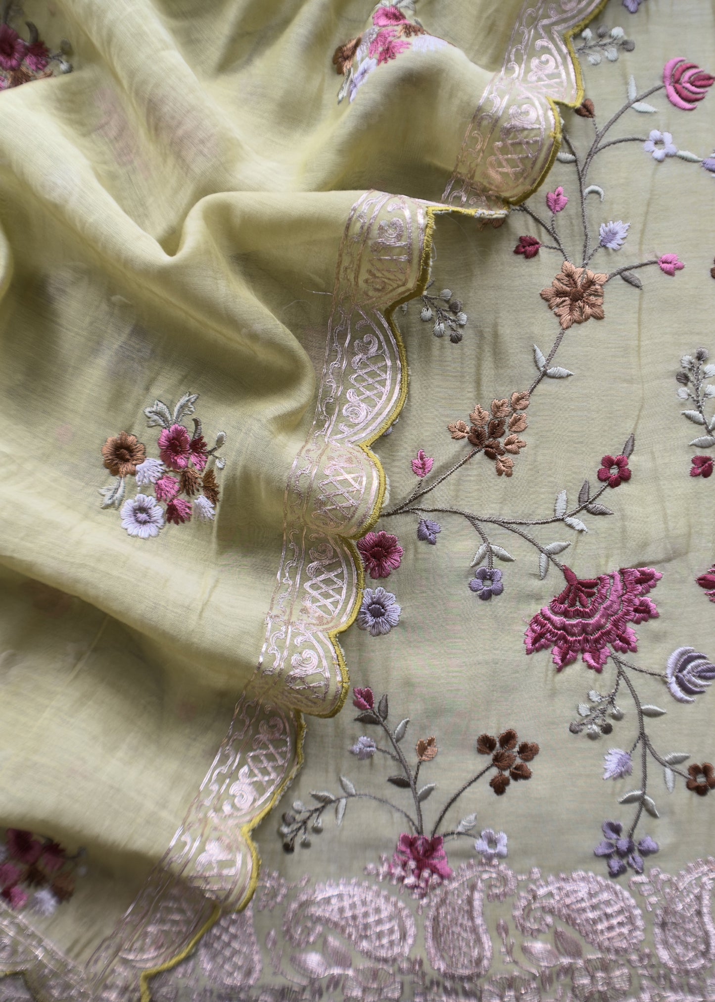 Green Pitta Embroidered Unstitched Suit in Pure Mul