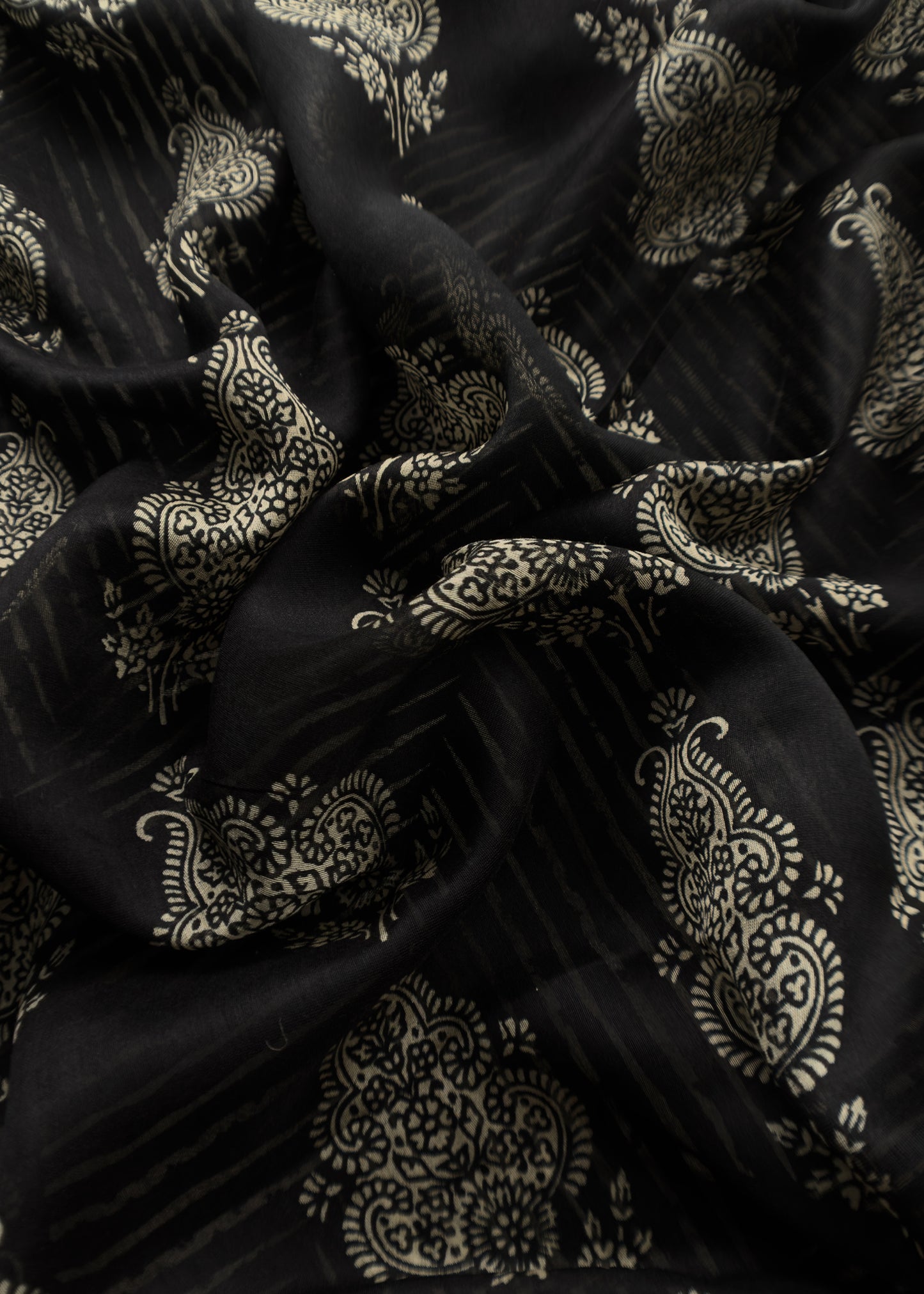 Black Maheshwari Silk Unstitched Suit With Leheriya And Block Print
