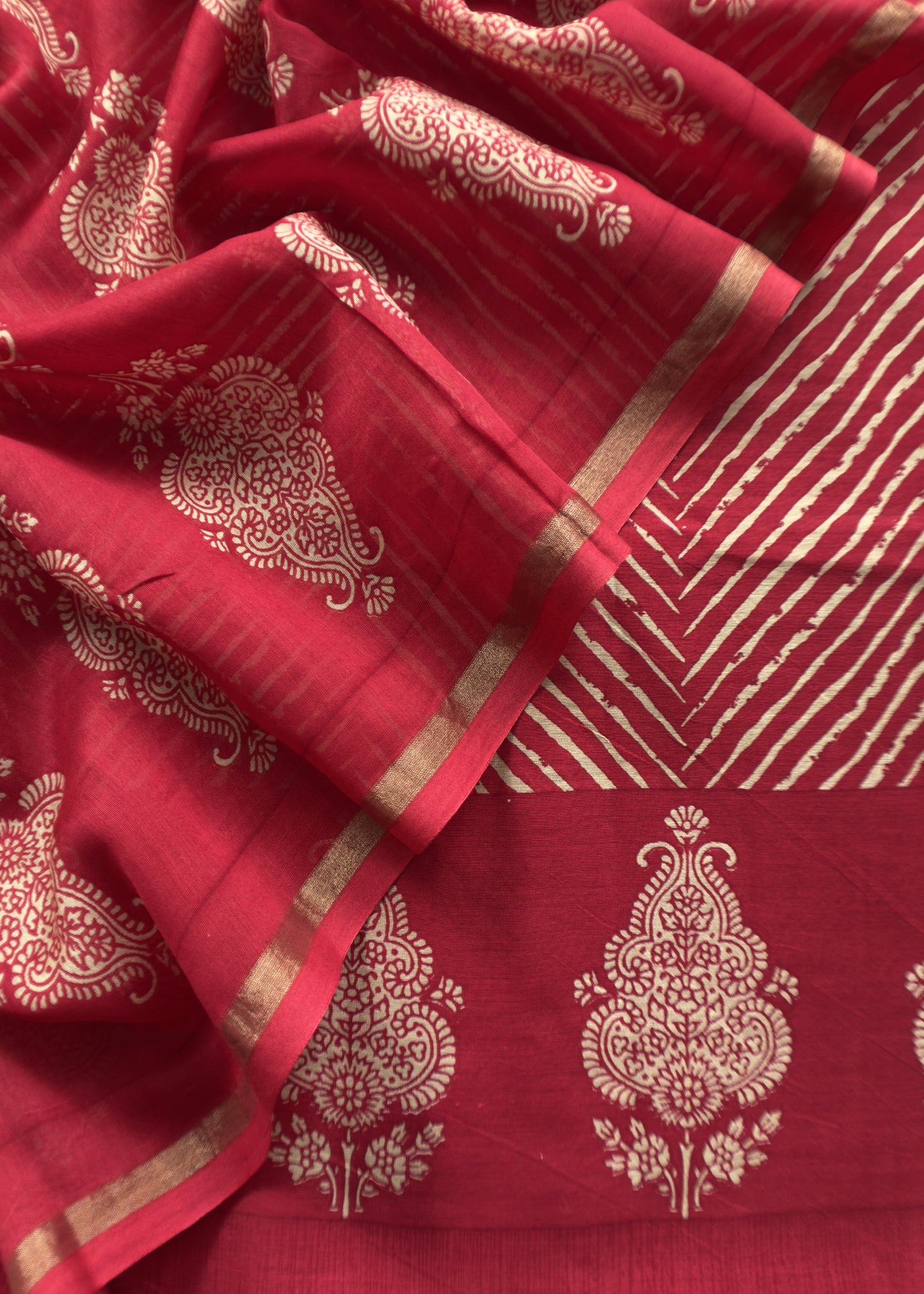 Red Maheshwari Silk Unstitched Suit With Leheriya And Block Print