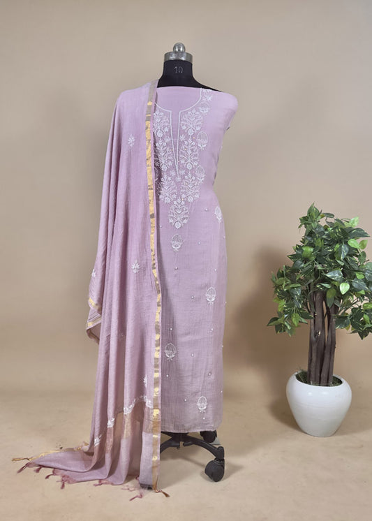 Pink Lakhnavi Mul Chanderi Suit With Chikankari Work