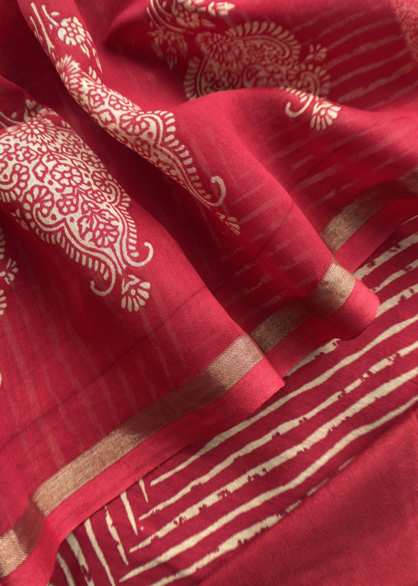Red Maheshwari Silk Unstitched Suit With Leheriya And Block Print