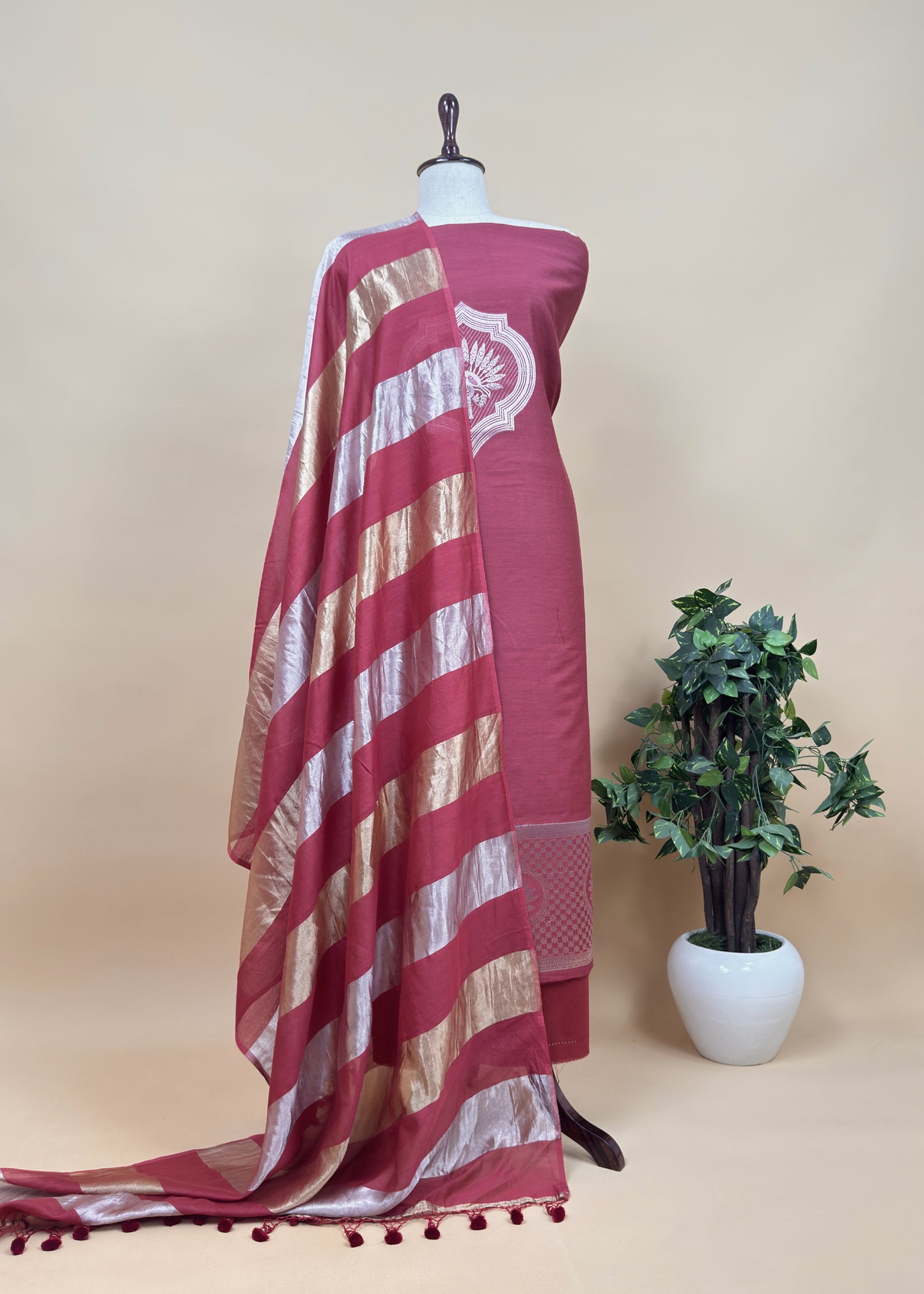 Red Pure Banarasi Silk Suit With Zari Weaving