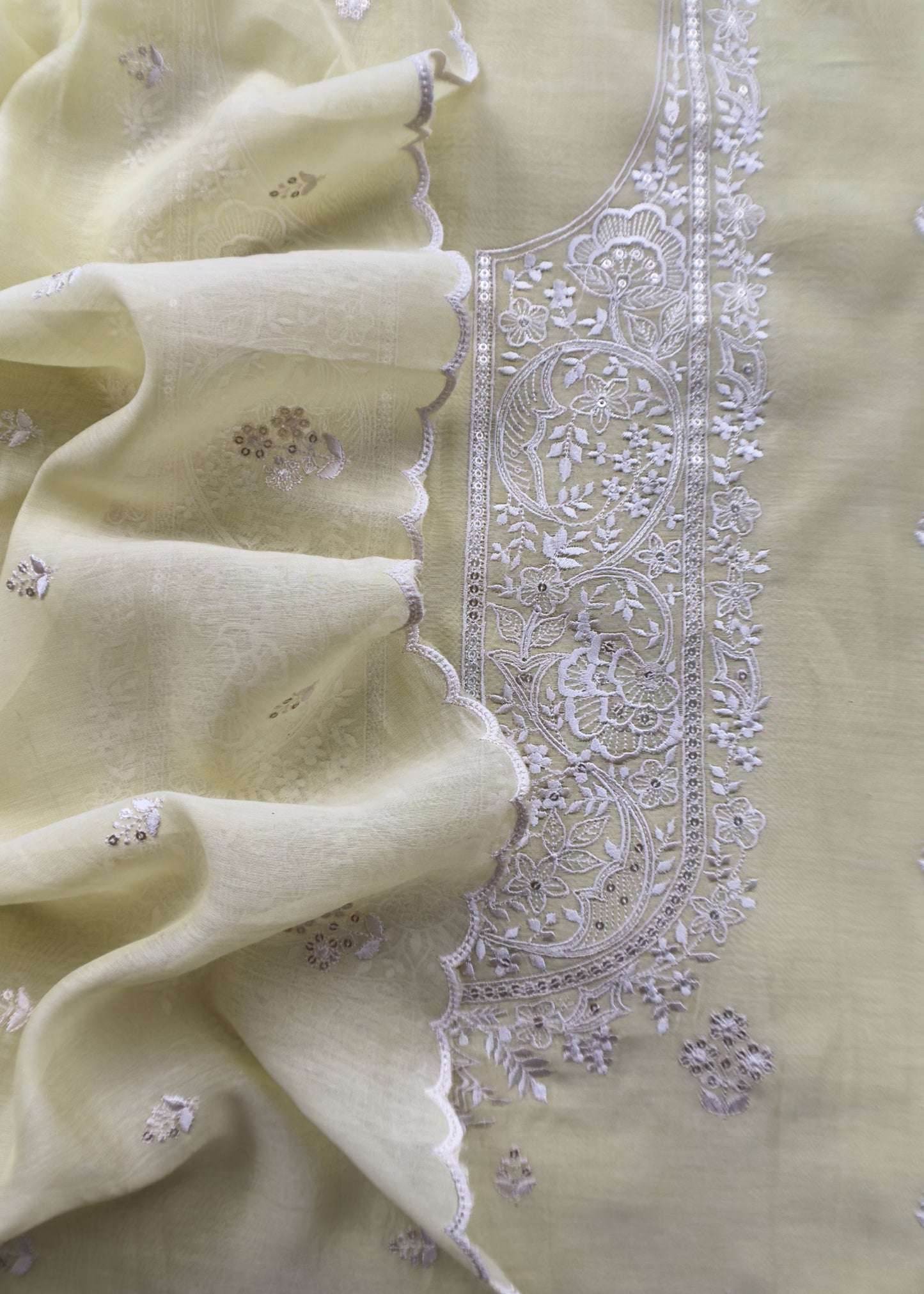 Lemon Yellow Pure Mul Chanderi Suit With Resham Embroidery