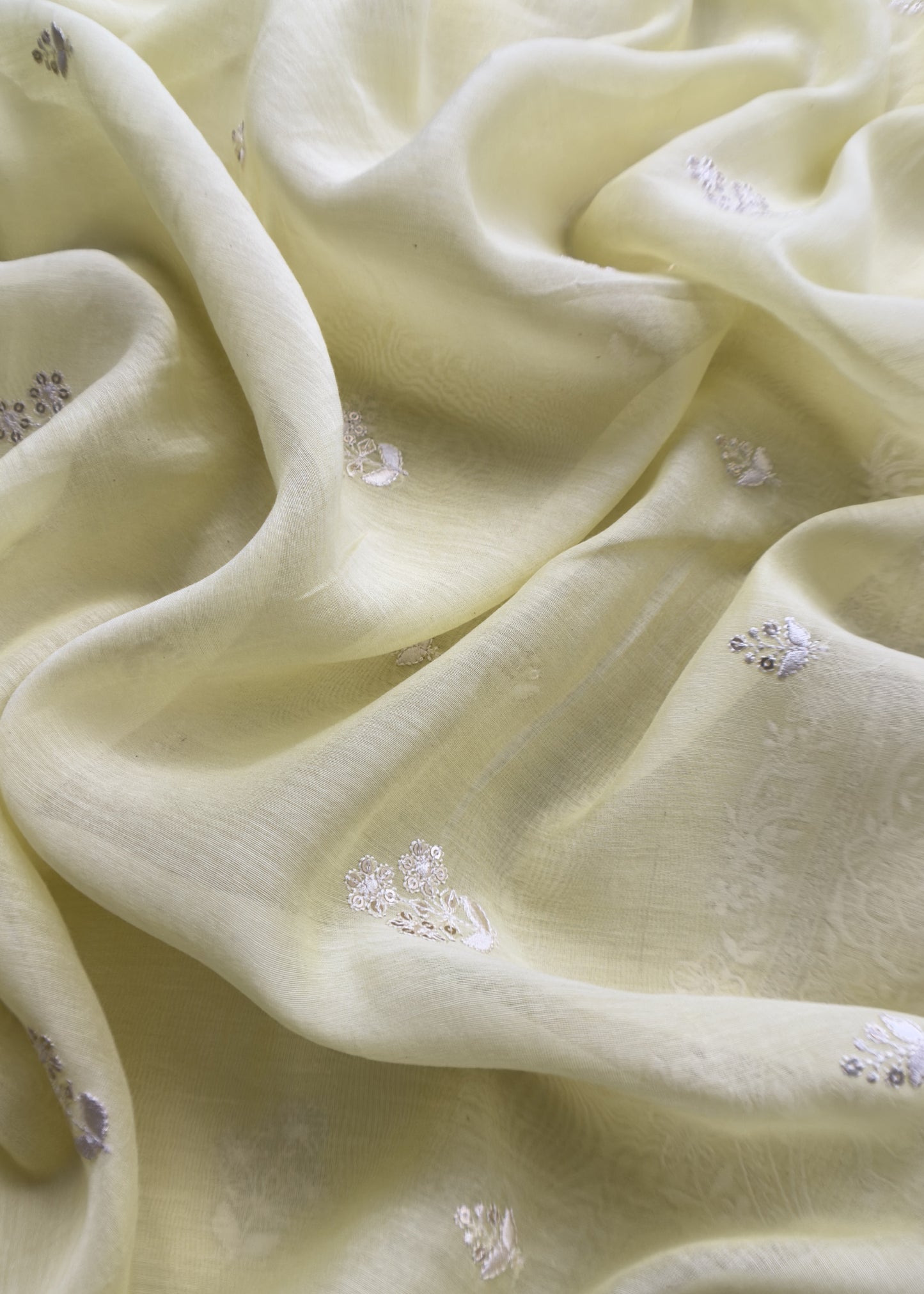 Lemon Yellow Pure Mul Chanderi Suit With Resham Embroidery