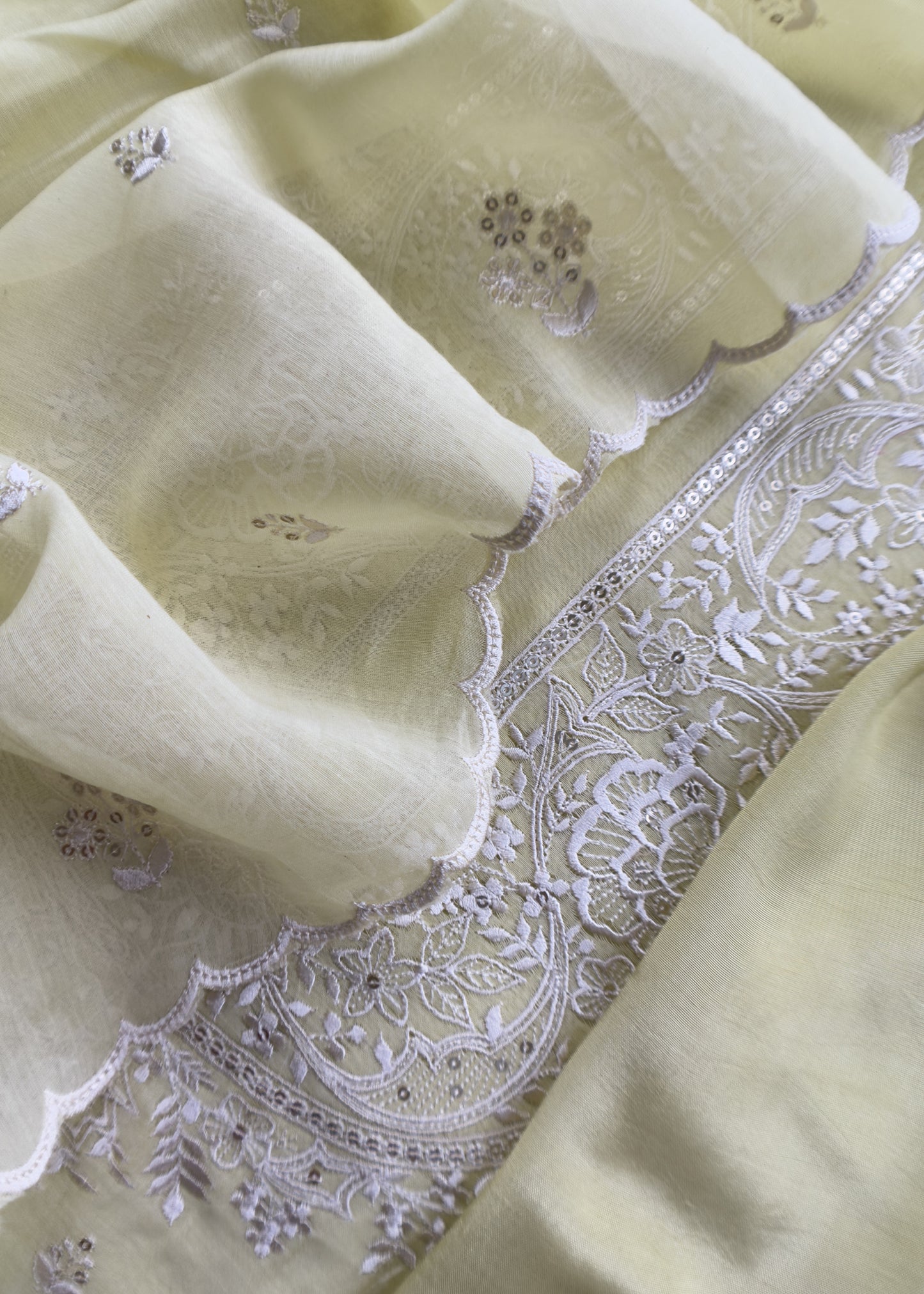 Lemon Yellow Pure Mul Chanderi Suit With Resham Embroidery