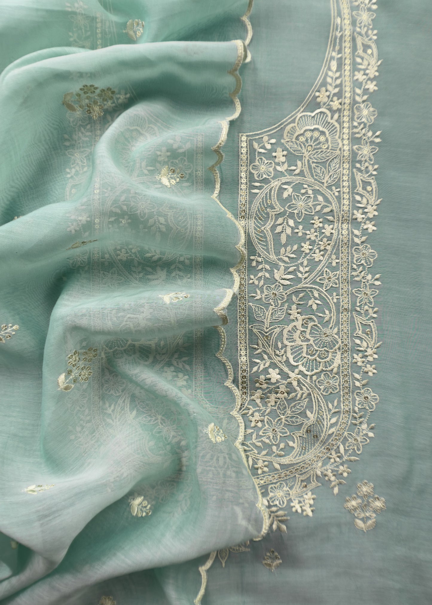 Pastel Blue Pure Mul Chanderi Suit With Resham Embroidery