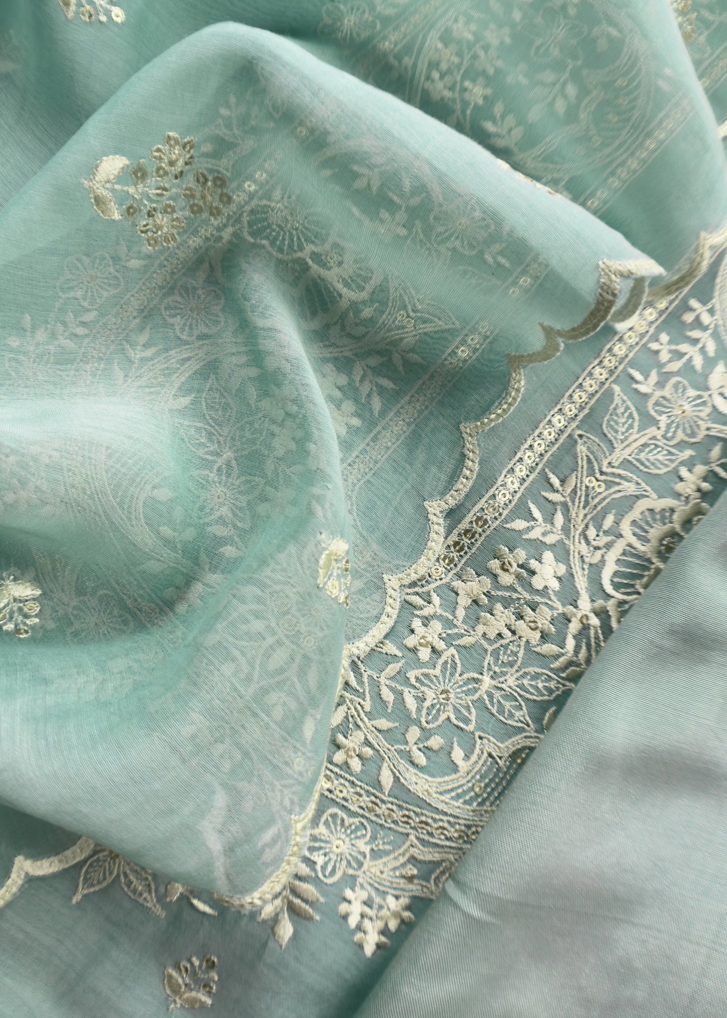 Pastel Blue Pure Mul Chanderi Suit With Resham Embroidery