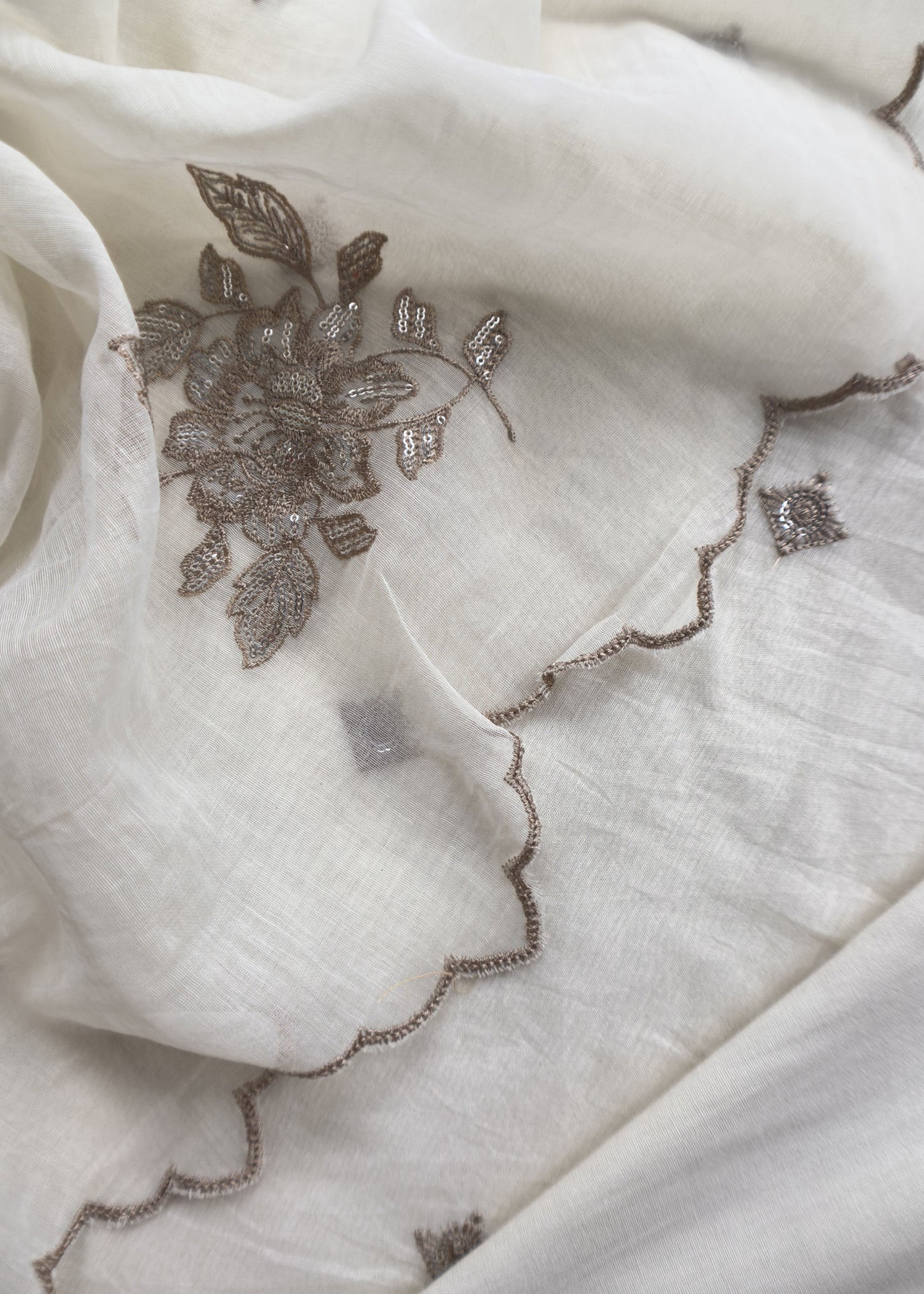 Off White Mul Suit Fabric With Bronze Sequin Embroidery