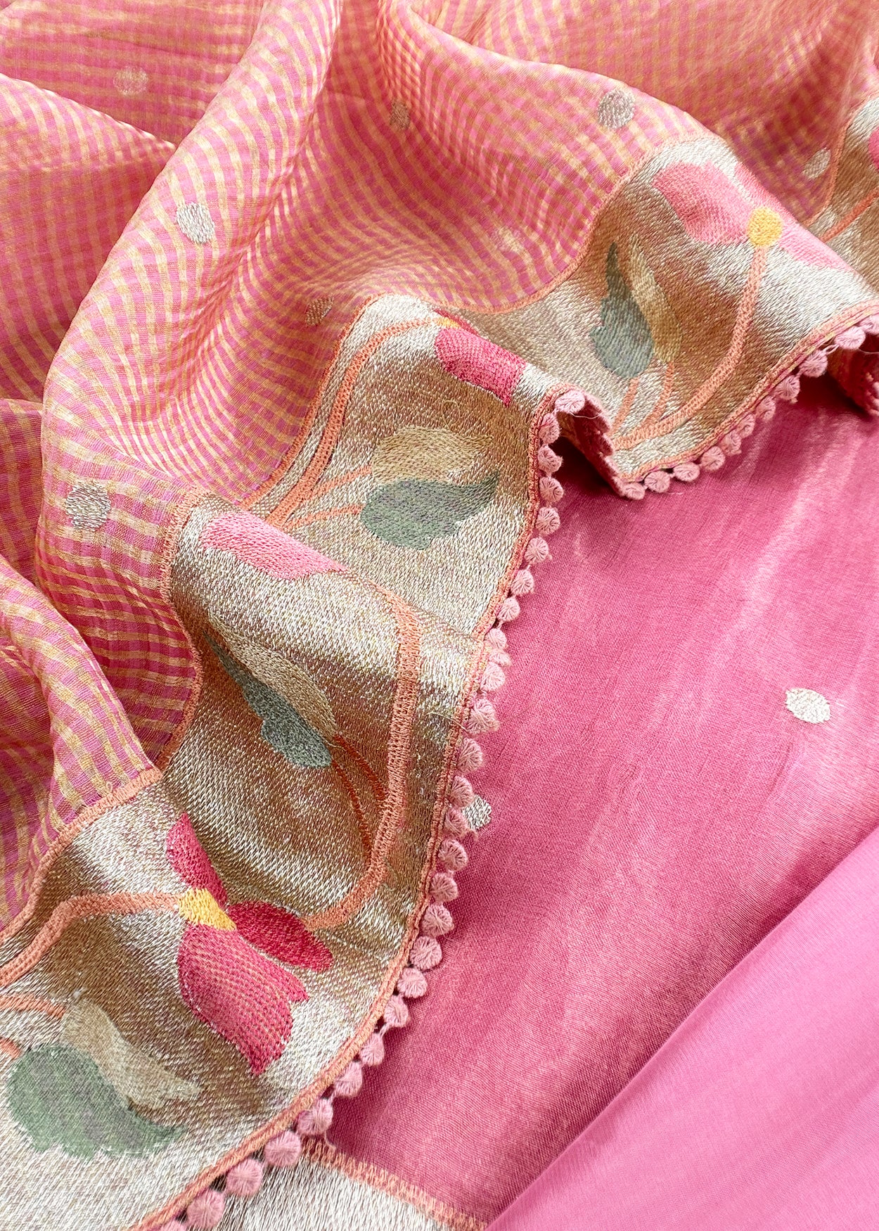 Pink Unstitched Pure Tissue Silk Suit With Paithani Weaving