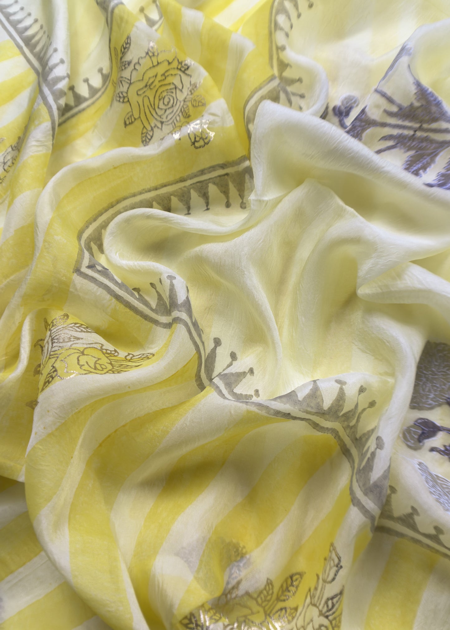 Lemon Yellow Hand Dyed Linen Kurta And Tabby Dupatta With Gold Foil