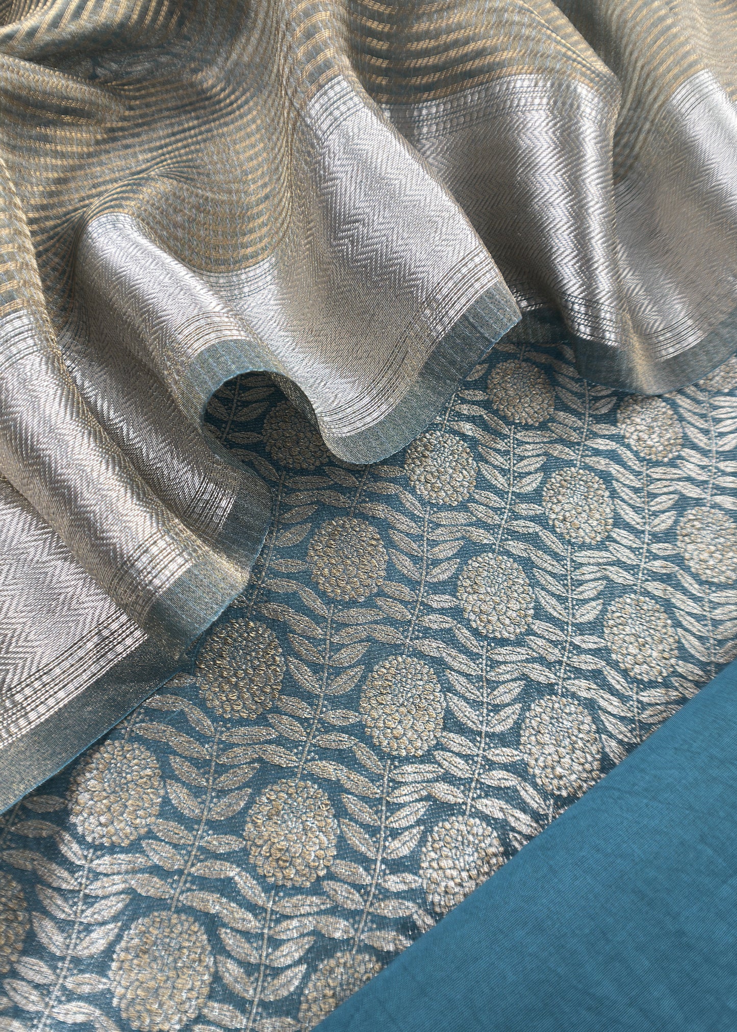 Teal Blue Brocade Silk Kurta And Zari Panel Silk Dupatta