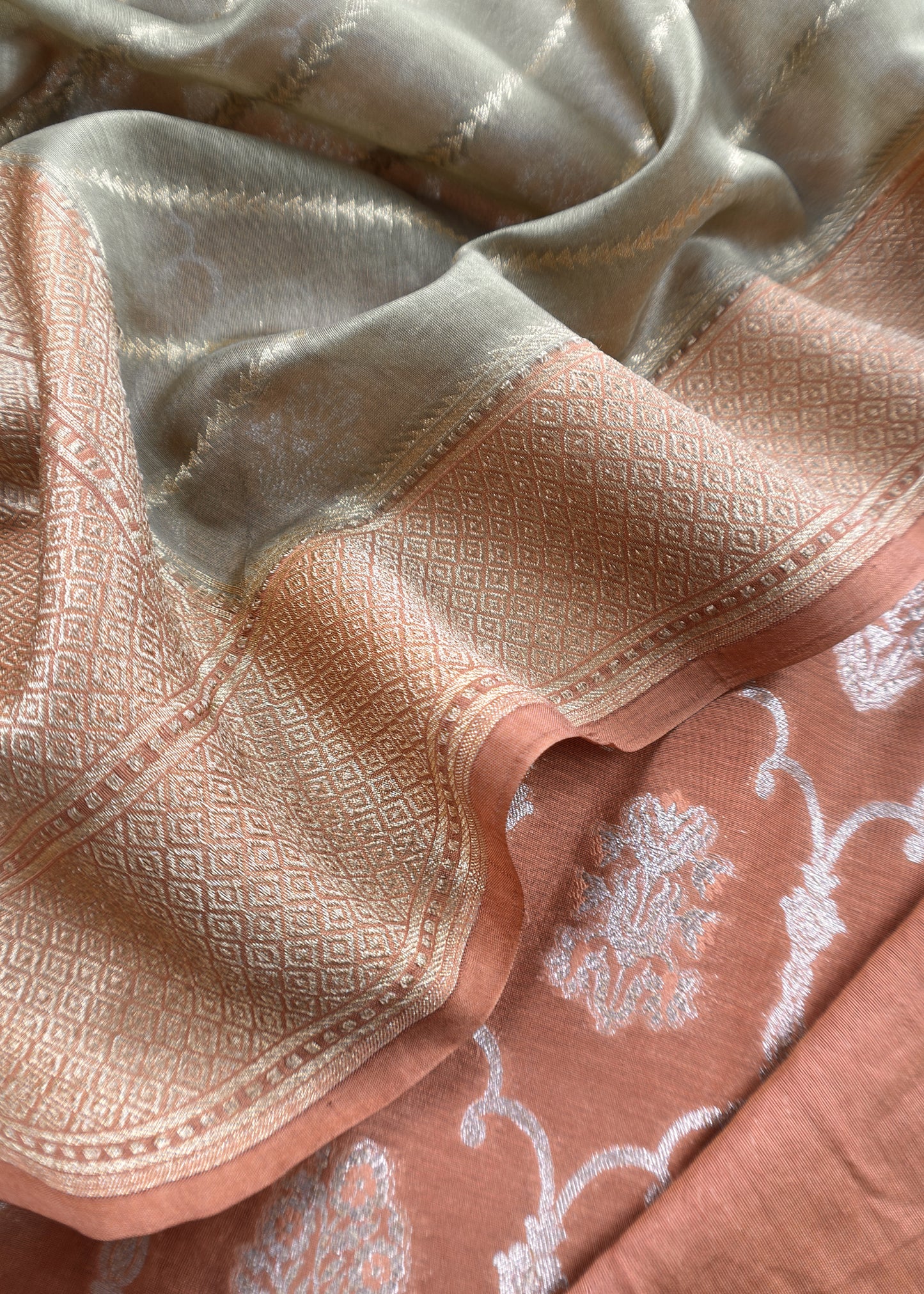 Rust And Taupe Green Pure Varanasi Silk Suit With Zari Weaving