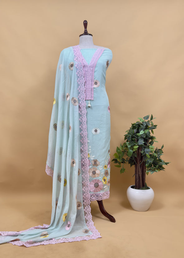 English Blue Pure Mulmul Suit Fabric With Sunflower Appliqué Work And Crochet Laces