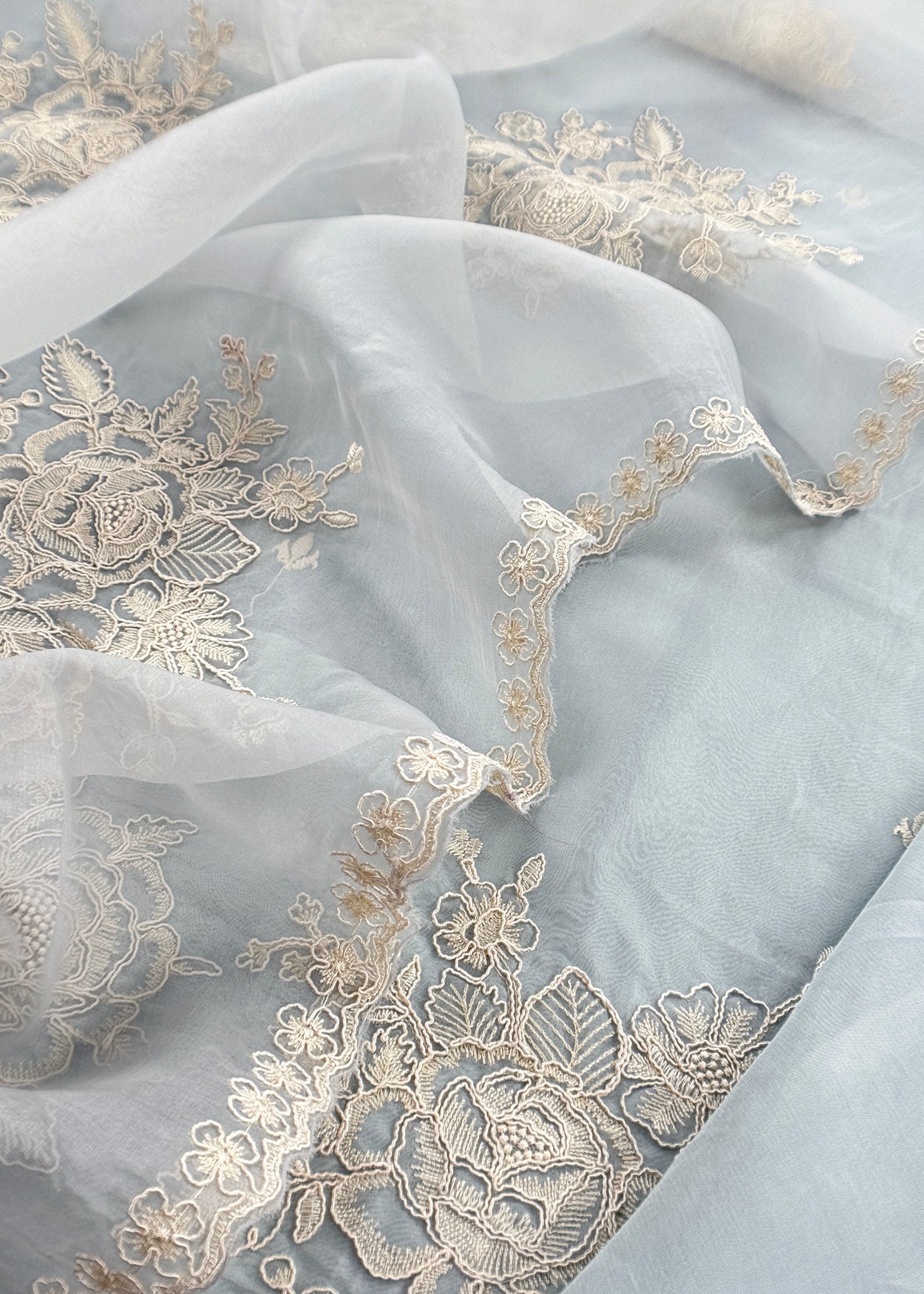 Powder Blue Handloom Kora Silk Unstitched Suit Fabric With French Thread Embroidery