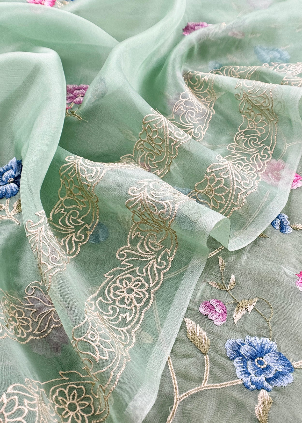 Pure kora silk suit with parsi thread embroidery