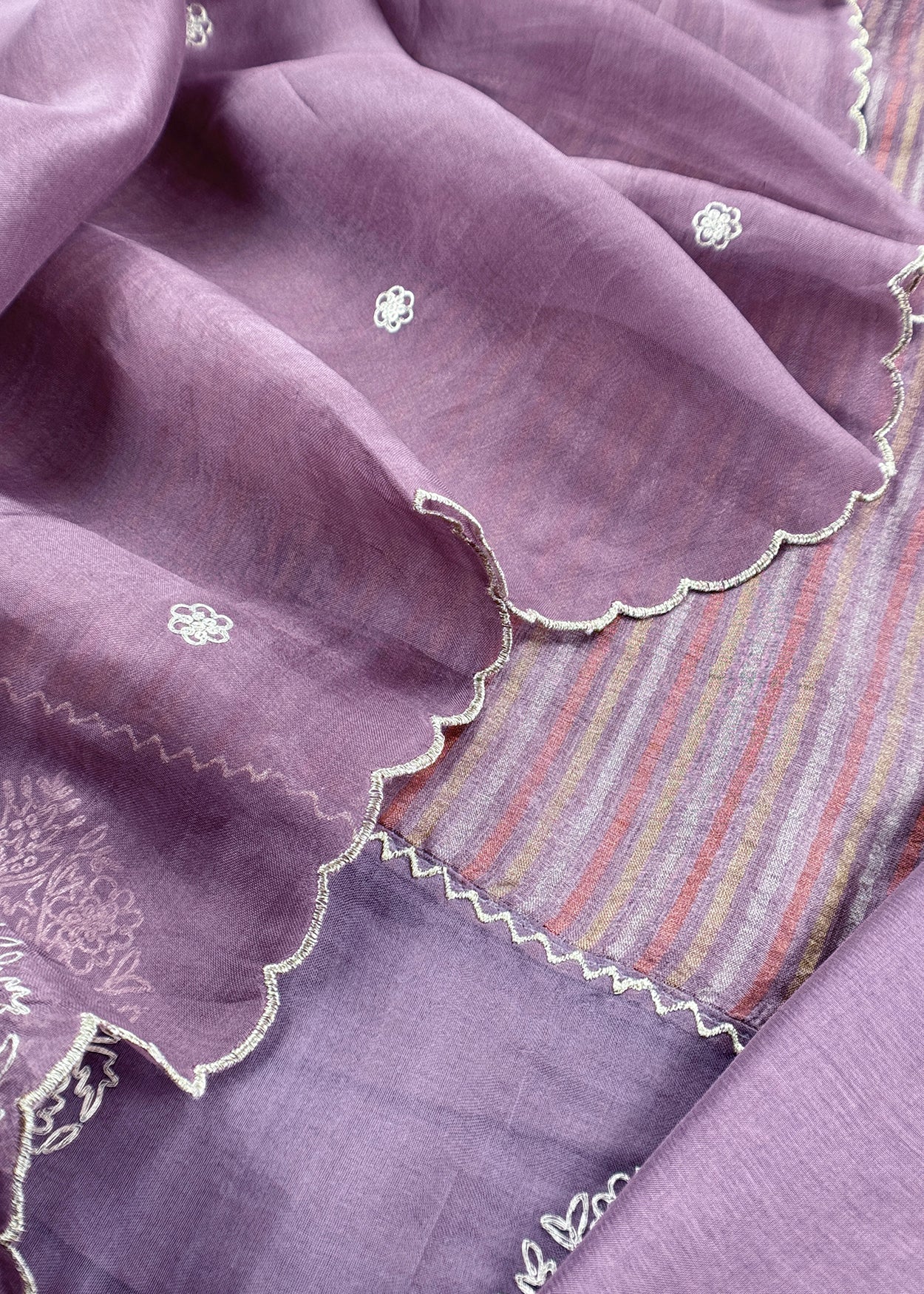 Lilac Handloom Tussar Silk Suit With Pitta Handwork