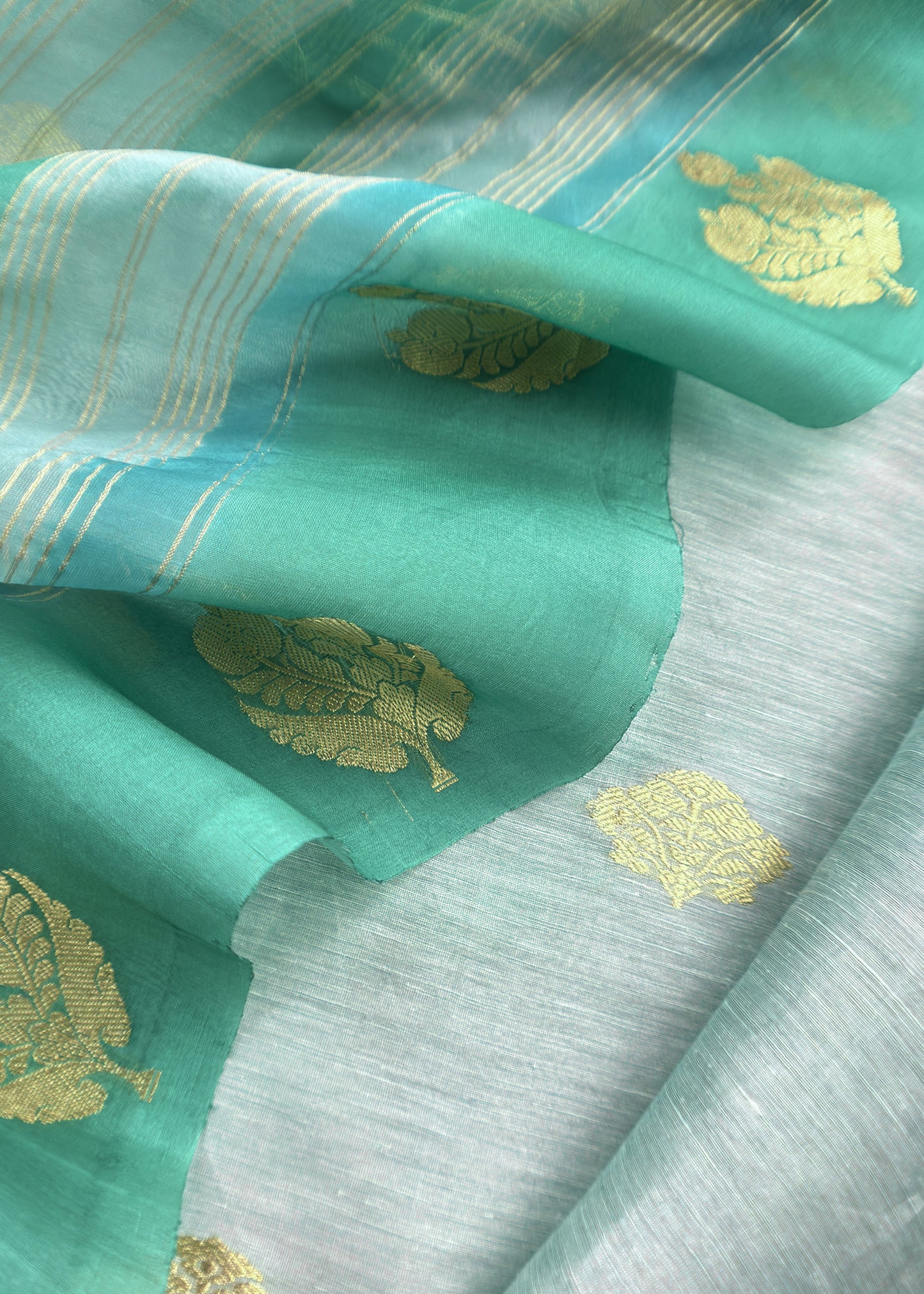 Baby Blue and Turquoise Handloom Linen Silk Kurta And Kora Silk Dupatta With Gold Kadwa Weaving