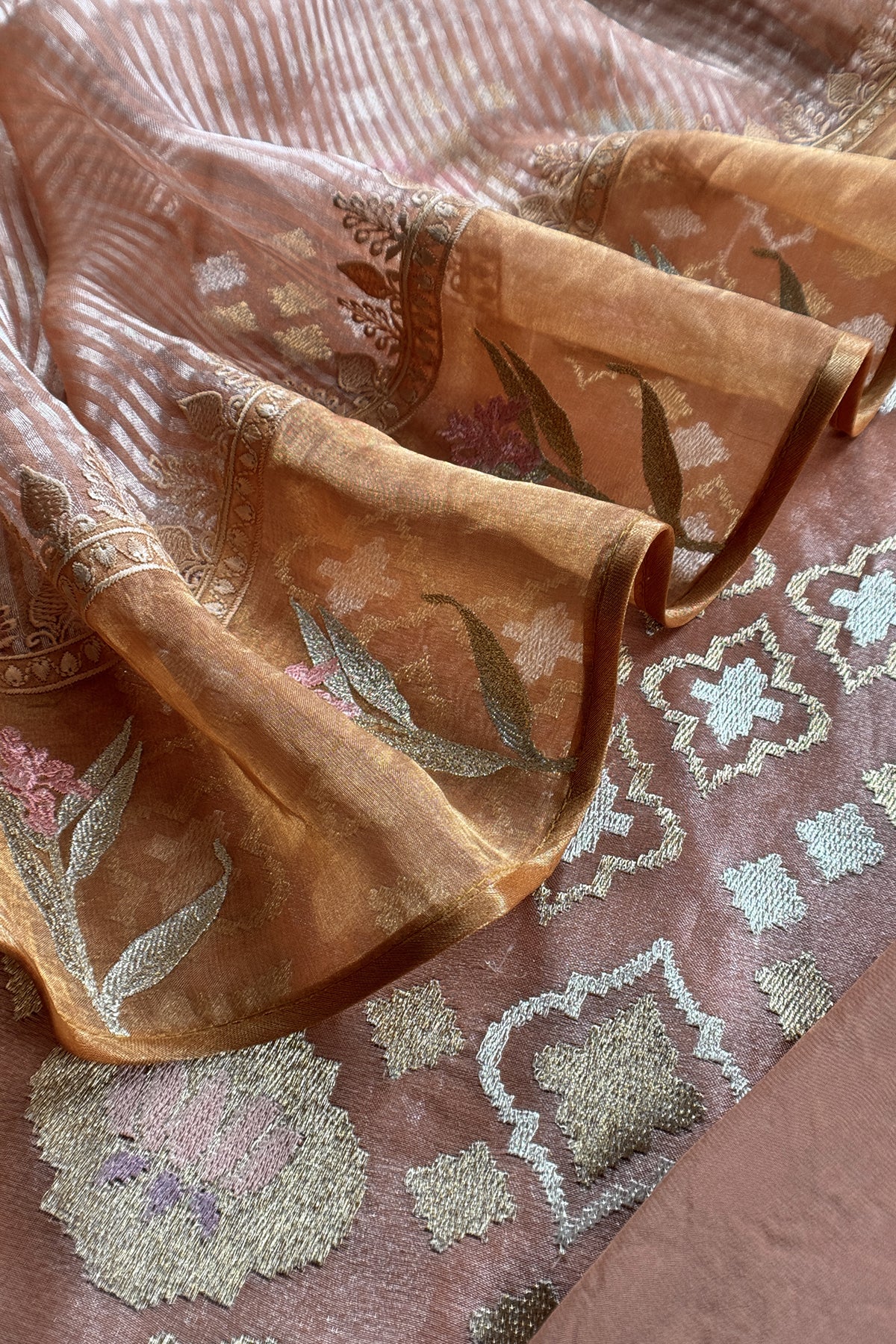 Goldan Peach Handloom Tissue Silk Suit With Gold Silver Zari And Embroidery